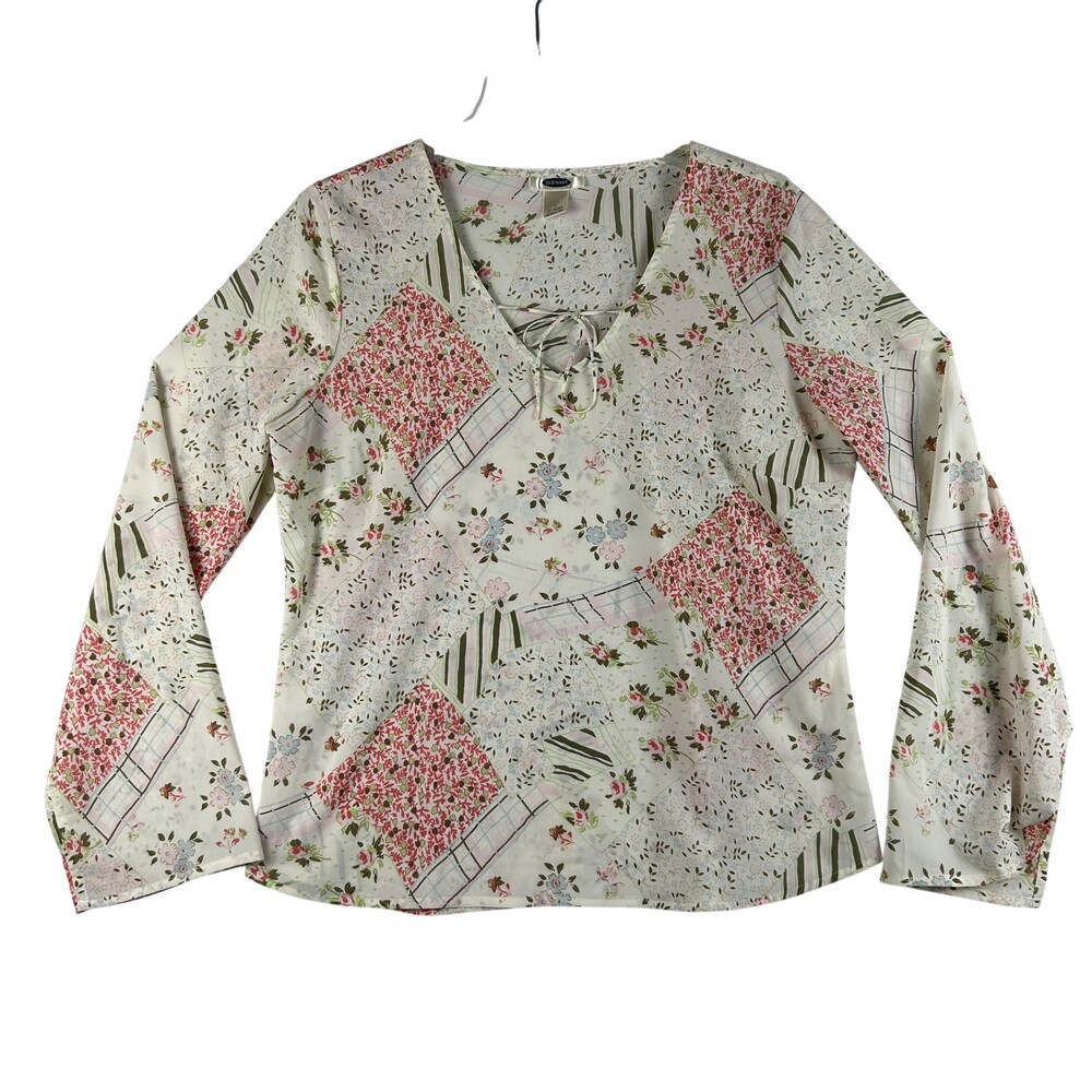 Old Navy Blouse Womens Large White Patchwork Floral Lace Up V-Neck Boho Top